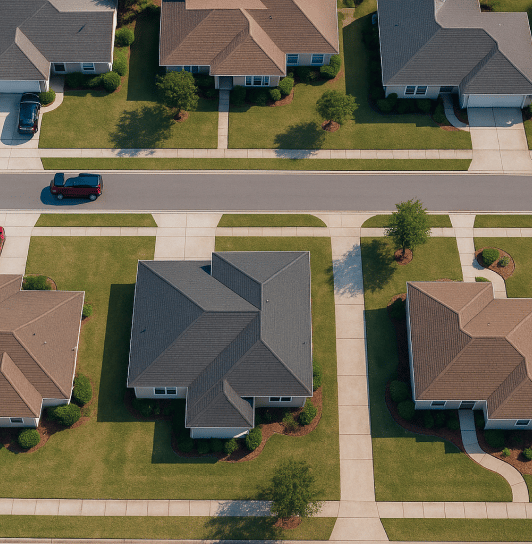 Bird's-eye view of suburban neighborhood.